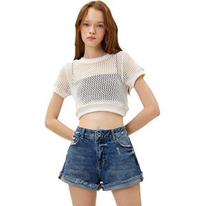 Koton Dames Crew Neck Short Sleeve Crop T-shirt, ecru (010), M