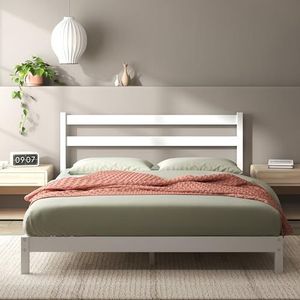 Zinus Robin Bed 140 x 190 cm, bedframe 20 cm hoog, bedframe van duurzaam bamboe met hoofdeinde, wit