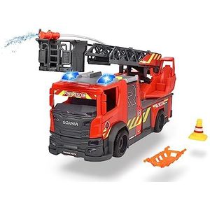 Dickie Toys 203714011 brandweerauto met draailadder, rozenbauer brandweer, Mercedes Benz cabine, licht & geluid, incl. batterijen, uittrekbare ladder, vrijloop, rood, voor kinderen vanaf 3 jaar