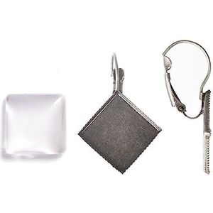 INNSPIRO Medaillon-oorbellen van metaal, ruit, zilverkleurig, antiek, met cabochon-glas, 15 x 15 mm., 15x15mm, Metaal