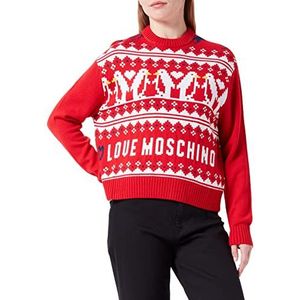 Love Moschino Dames Regular Fit Lange Mouwen Ronde hals met Allover Liefde Harten Penguins Jacquard Intarsia Voor- en Achterkant Trui Sweater, blauw/rood/wit., 46