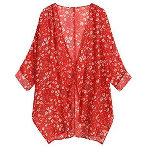 olrain Dames bloemenprint pure chiffon losse kimono vest capes, Rood Wit, L