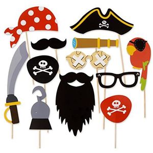 Set van 12 decoratieve maskers en accessoires voor piraten (barba, schaaf, zwaard enz.; gebruik bij fotocabines en kinderverjaardagsfeestjes)