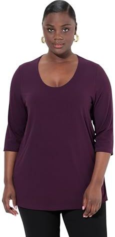 Ulla Popken - T-shirt - Zwart - Col Rond Diep - 3/4 Mouwen