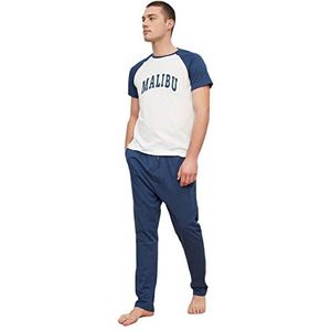 Trendyol Heren Man met Slogan Dunne Geweven T-Shirt-Broek Pyjama Set, Marineblauw, L, Donkerblauw, L