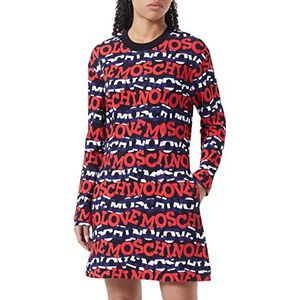 Love Moschino Damesjurk met lange mouwen, allover logo, geprinte jurk, blauw/rood/wit., 44