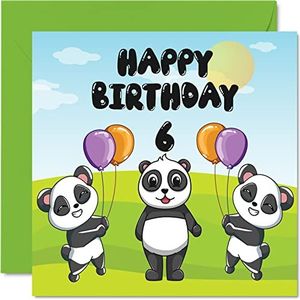6e verjaardagskaart Unisex - Panda Party - Happy Birthday Card 6 jaar oud, 145mm x 145mm schattige wenskaart voor zoon dochter broer zus kleinzoon kleindochter nichtje neef neef