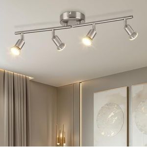 Dehobo Plafondlamp, draaibaar, nikkel, mat, 4-weg, GU10, led, led-bereik, 350 graden, modern, verstelbaar, voor keuken, woonkamer, geen lampen