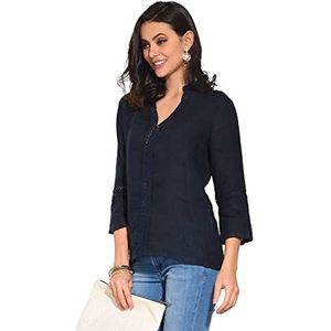 Bonateks Tuniek top voor dames, 100% linnen, gemaakt in Italië, tuniek met Tunesische kraag met kanten inzetstuk en 3/4-mouwen, marineblauw, maat: M, Marineblauw, M
