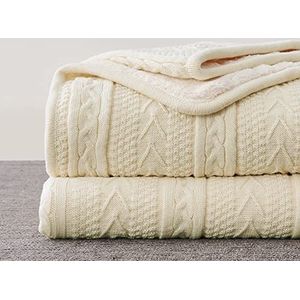 Longhui bedding Crème 127 x 160 cm acryl kabelgebreide sherpa deken - dikke, zachte, grote, gezellige beige gebreide fleece dekens voor bank, bank, bed - grote sprei het hele seizoen