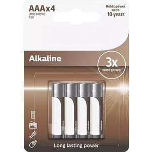 AAA/LR03 alkalinebatterijen in verpakking van 4 stuks, ideaal voor energie-intensieve apparaten, die buitengewone prestaties en levensduur van je apparaten garanderen.