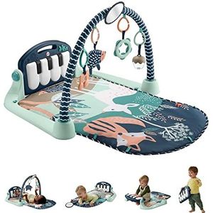Fisher-Price BabyGym Speelmat voor Pasgeborenen met Trappel en Speel Piano Muziekspeelgoed en Speelgoed voor Spelen op de Buik, Marineblauw Hertje [Amazon Exclusive], HKX37