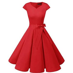 DRESSTELLS dames jurken 1950s Vintage Kap mouwen Rockabilly Jurken Hepburn stijl cocktailjurken Red 3XL