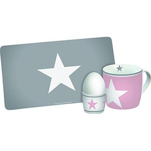 Infinite by GEDA LABELS (INFKH) sterren, 3-delige ontbijtset met kopje, eierdopje en plankje, melamine, roze/grijs, 23,5 x 9,5 x 14,5 cm, 3-delig