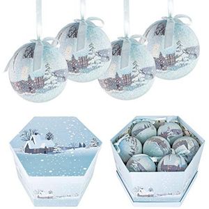 The Christmas Workshop Set van 14 kerstballen/verschillende feestelijke ontwerpen/geschenkdoosjes kerstboomversieringen, 7,5 cm diameter kerstballen (blauw en wit sneeuwdorp)