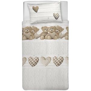 PENSIERI DELICATI Eenpersoons beddengoedset 100% katoen, compleet met dekbedovertrek 1550 x 200 cm en 1 kussensloop 52 x 82 cm, gemaakt in Italië, machinewasbaar op 40 °C, motief: Beertje Beige