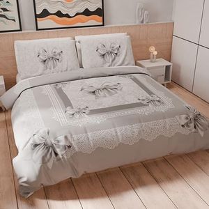 PETTI Artigiani Italiani - Dekbedovertrek voor Frans bed 200 x 200 cm, dekbedovertrek microvezel met digitale print + 1 kussensloop 50 x 80 cm - Made in Italy - grijs lint