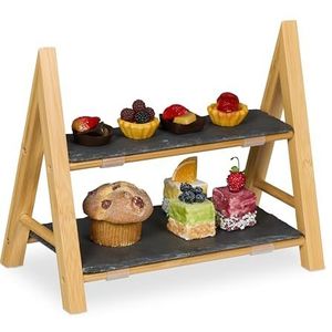 Relaxdays etagere, 2 laags, met leistenen serveerplateaus, HxBxD 27x32x17 cm, bamboe frame, groot, natuur-grijs