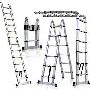 Telescopische ladder van aluminium, intrekbare ladder (2,5 m + 2,5 m), inhoud 150 kg, normen EN131