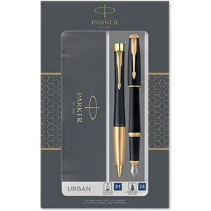 Parker Urban Duo cadeauset met balpen en vulpen| Gedempt zwart met gouden rand | Blauwe inktvulling & cartridge