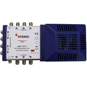 Atemio AMS506P Multischakelaar Power-Line, 1 satelliet voor maximaal 6 deelnemers/ontvanger (UHD, 4K, HDTV, actieve terrestrik) wit/blauw