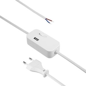 REV voedingskabel, kabel met schakelaar en eurostekker, tussenschakelaar met USB-A, 2 m, wit