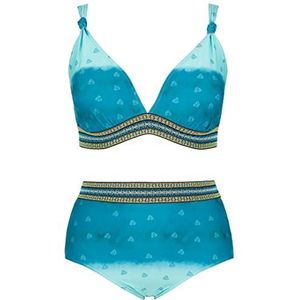 Ulla Popken Dames, batikdruk, sierknopen, softcups, sierband bikini, teal streak, 56