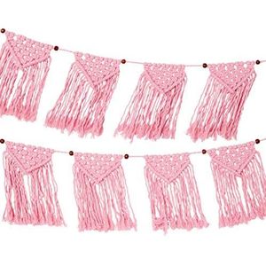 Roze macramé geweven guirlande - 1,3 m | 100% katoenen stof Bunting voor meisjes slaapkamer, Boho huisdecoratie, woonkamer, verjaardagsfeestje decoraties, Festival