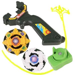FLYPOP'S - 2 Tollende tollen met handvatlanceerder - Speelgoed voor kinderen - 031781 - Geel en Wit - Plastic - Kinderspeelgoed - Cadeau - 5,5 cm - Vanaf 3 jaar