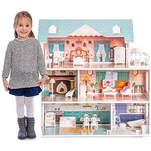 ROBUD Houten poppenhuis met accessoires en meubels voor kleine meisjes speelgoed cadeau voor 3 4 5 6 jaar oude kinderen