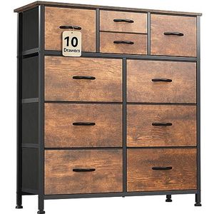 YITAHOME Ladekast slaapkamer met 10 laden opbergunit stalen frame houten top stoffen dressoir voor slaapkamer woonkamer, kinderkamer, kast, rotte houtnerf