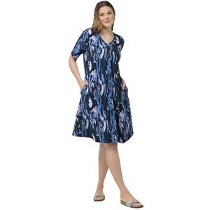 Ulla Popken, Dames, grote maten, midi-jurk, bedrukt, met knoop aan de hals, blauw, 50/52 NL