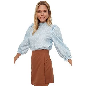 TRENDYOL Damesblouse, regular fit, basic opstaande kraag, geweven stof, blauw, 34