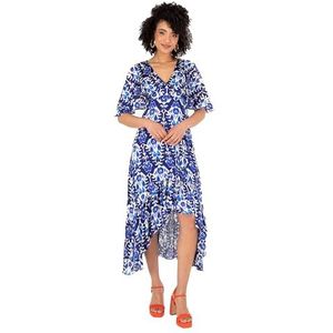 Lovedrobe Midaxi Jurk voor dames, V-hals, Cape Sleeve Abstract Bloemenprint, Ruffle Hi Lage Hem Wikkelriem A-lijn, Blauw 46, blauw, 46