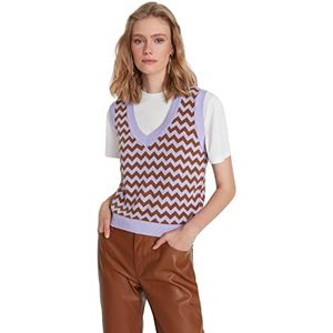 TRENDYOL Damesvest met V-hals en patroon, regular gebreid vest, sweater, paars, S, lila, S