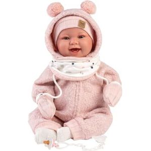 Llorens 1018480 babypop Tala, met bruine ogen en zacht lichaam, babypop incl. pluizige roze winteroutfit, fopspeenketting, 44 cm