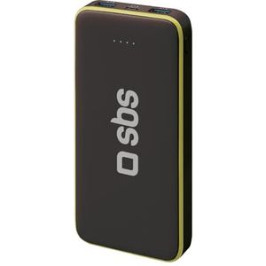 SBS 10.000 mAh powerbank geel en zwart snel opladen met aan/uit-knop, 10 W draagbare oplader voor smartphone, tablet en eBooks, 2 USB-A-poorten, 1 USB-C-aansluiting, inclusief oplaadkabel