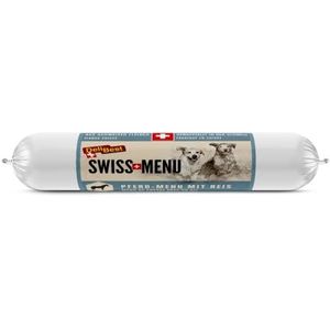 DeliBest Swiss Menu Paardenmenu met rijst, natvoer voor honden van 100% vers paardenvlees, glutenvrij en zonder andere toevoegingen, hoogwaardig hondenvoer voor volwassenen, 200 g hondenworst