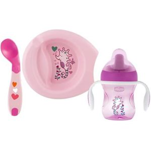 Chicco - Baby Eetset - 2 Borden - 1 Drinkbeker - 1 Babylepel - Inclusief Warmhoudbord - Voedsel Blijft Langer Warm - 6+ Maanden - Roze