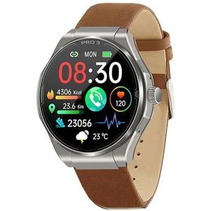 Knauermann PRO 3 (2024) zilver - gezondheidshorloge smartwatch met telefoonfunctie - ECG + HRV en SOS-functie - AMOLED-display, BT Bluetooth - slaapapneu - echt lederen band bruin, 14-24, rond, bruin,