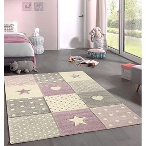 Mia's tapijten Marie - Kids tapijt, tapijt kinderkamer, jongens & meisjes, pastel, modern, geruit, punten, harten, sterren, kleur: paars, maat: 160x230 cm