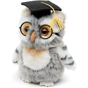 Uni-Toys - Uil (grijs-wit) met doktershoed en bril - 18 cm (hoogte) - pluche vogel - pluche dier, knuffeldier