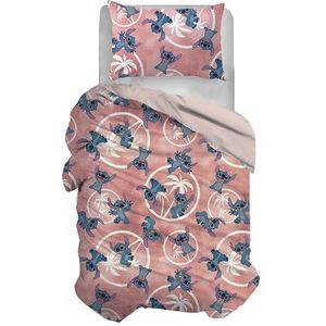Stitch dekbedovertrekset voor eenpersoonsbed, katoen, roze, 155 x 200 cm, kussensloop 50x80 cm, Disney, 100% katoen, officieel product