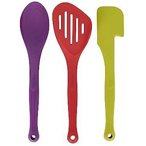 Colourworks 3-delige siliconen kookgerei set, lepel, lepel spatel & sleufje vis segment, keuken koken & bakgereedschap, helder meerkleurig & BPA-vrij, vaatwasmachinebestendig, niet-kras accessoires