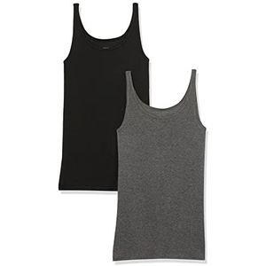 Amazon Essentials Tanktop voor dames, slim fit, dunne bandjes, 2 stuks, zwart/houtskool heather, XS