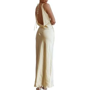 Satijnen ronde hals mouwloze rugloze maxi bruiloft gast jurk zijde open rug stropdas terug prom formele jurken voor vrouwen, Geel, XL