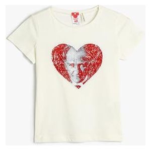 Koton Girls's Atatürk bedrukt T-shirt met korte mouwen, katoen met pailletten, ecru(010), 11-12 Jaar