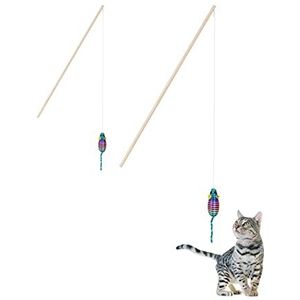 Relaxdays kattenhengel met muis, set van 2, interactief kattenspeelgoed, 106 cm lang, speelhengel voor katten, kleurrijk