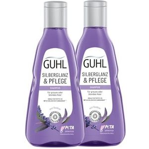 Guhl Zilverglans & verzorgende shampoo, verpakking van 2 stuks, inhoud: 2 x 250 ml, anti-vergeling en verzorging voor grijs en blond haar, vermindert geelheid effectief, met plantaardige keratine