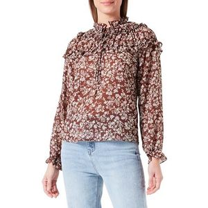 boundry Dames blouse met ruches 37324863-BO02, donkerbruin wit, S, donkerbruin/wit, S